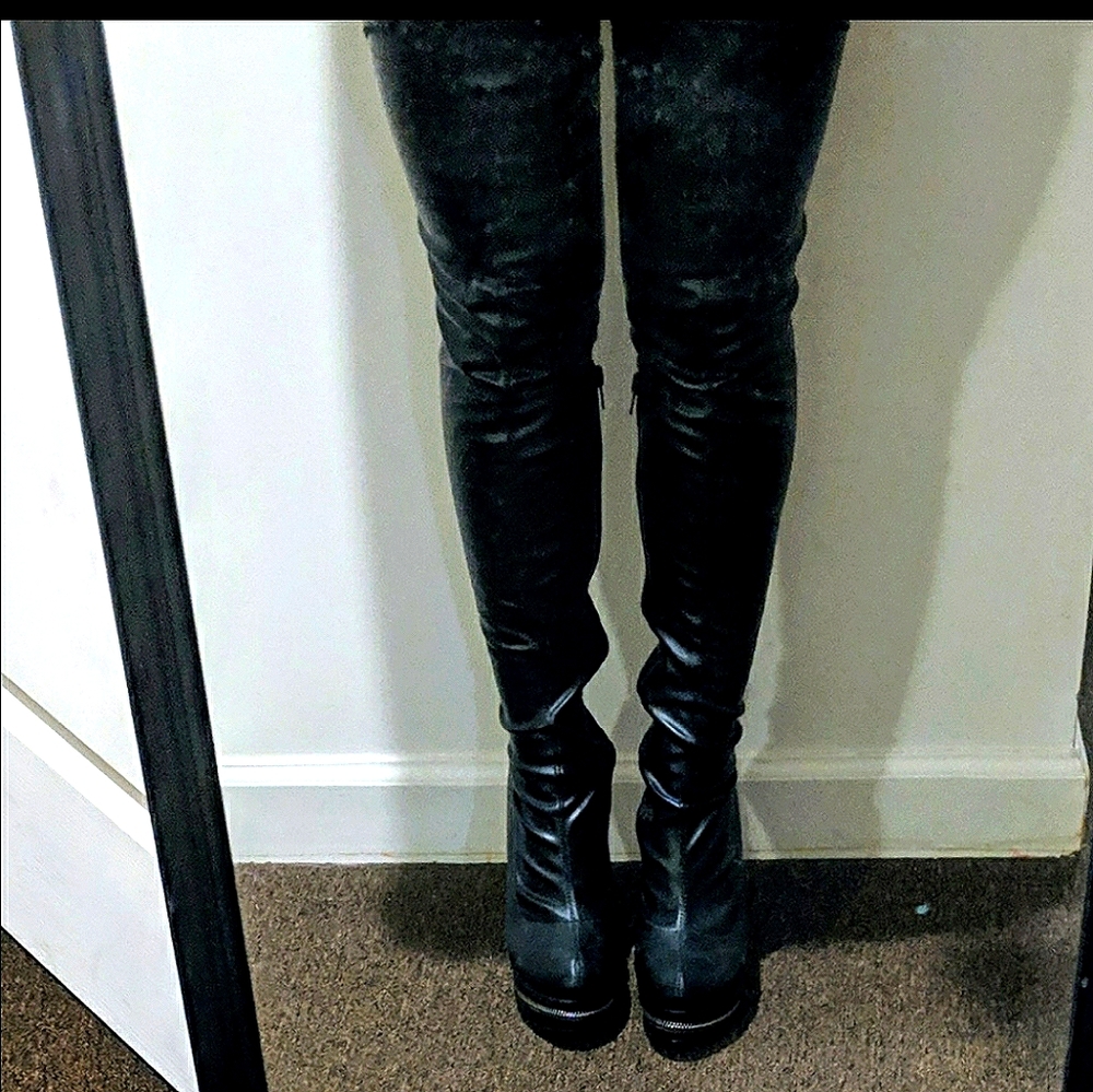 Thigh high red bottom zipper boots